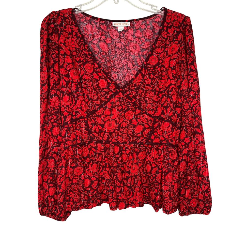 Knox Rose peplum V-neck blouse, red/brown/metallic silver, size L, EUC